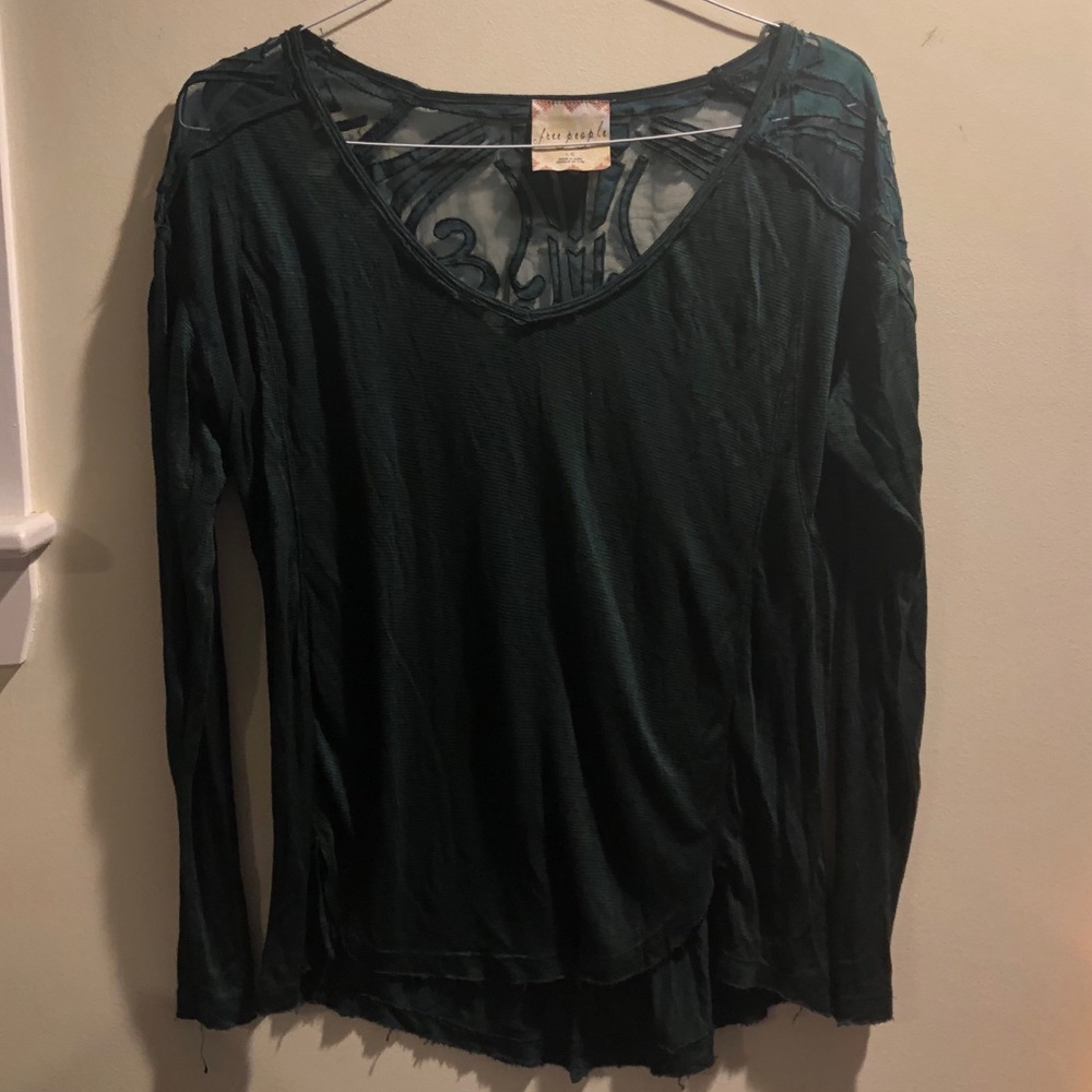 Dark Green Free People Long Sleeve Lace Sleeve Top